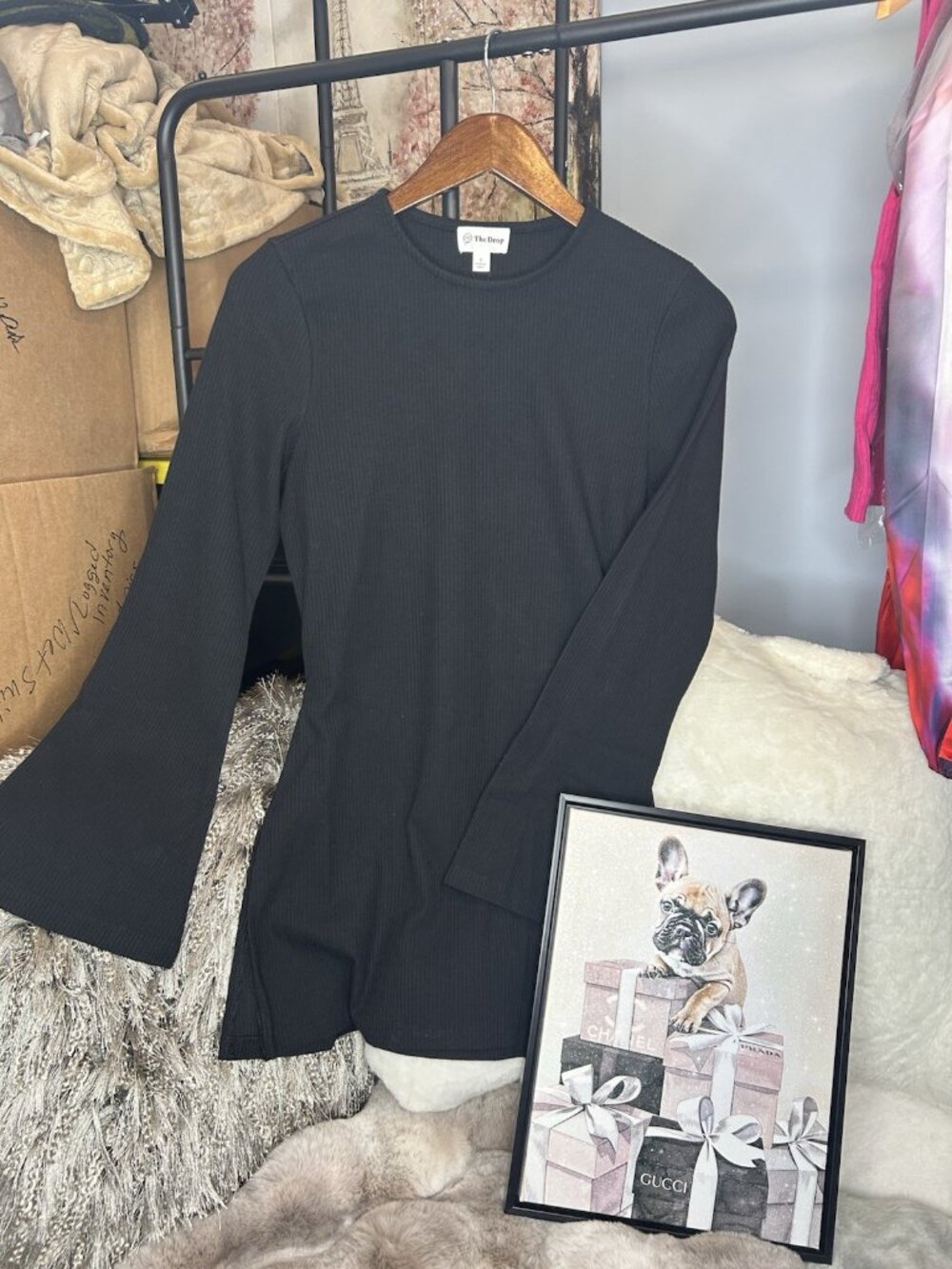 The Drop | Small | Black | Francine Ribbed Tunic Bell Sleeves with tie in back
